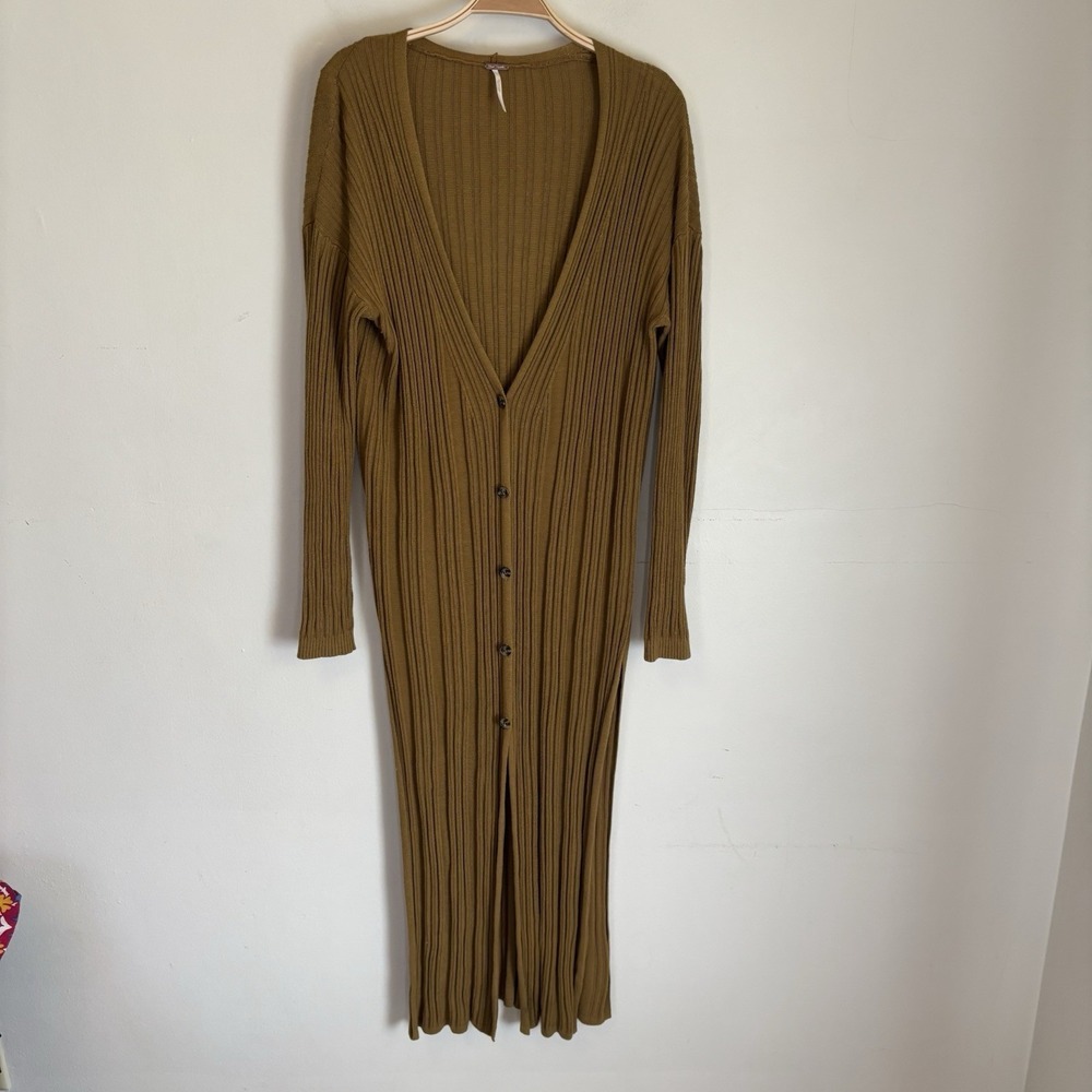 Free People Skylight Ribbed Longline Cardigan Slits Dark Mustard Small Boho